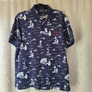Polo Ralph Lauren Classic Fit Polo Shirt Mens Large Blue Surfer Swimmer Print LG